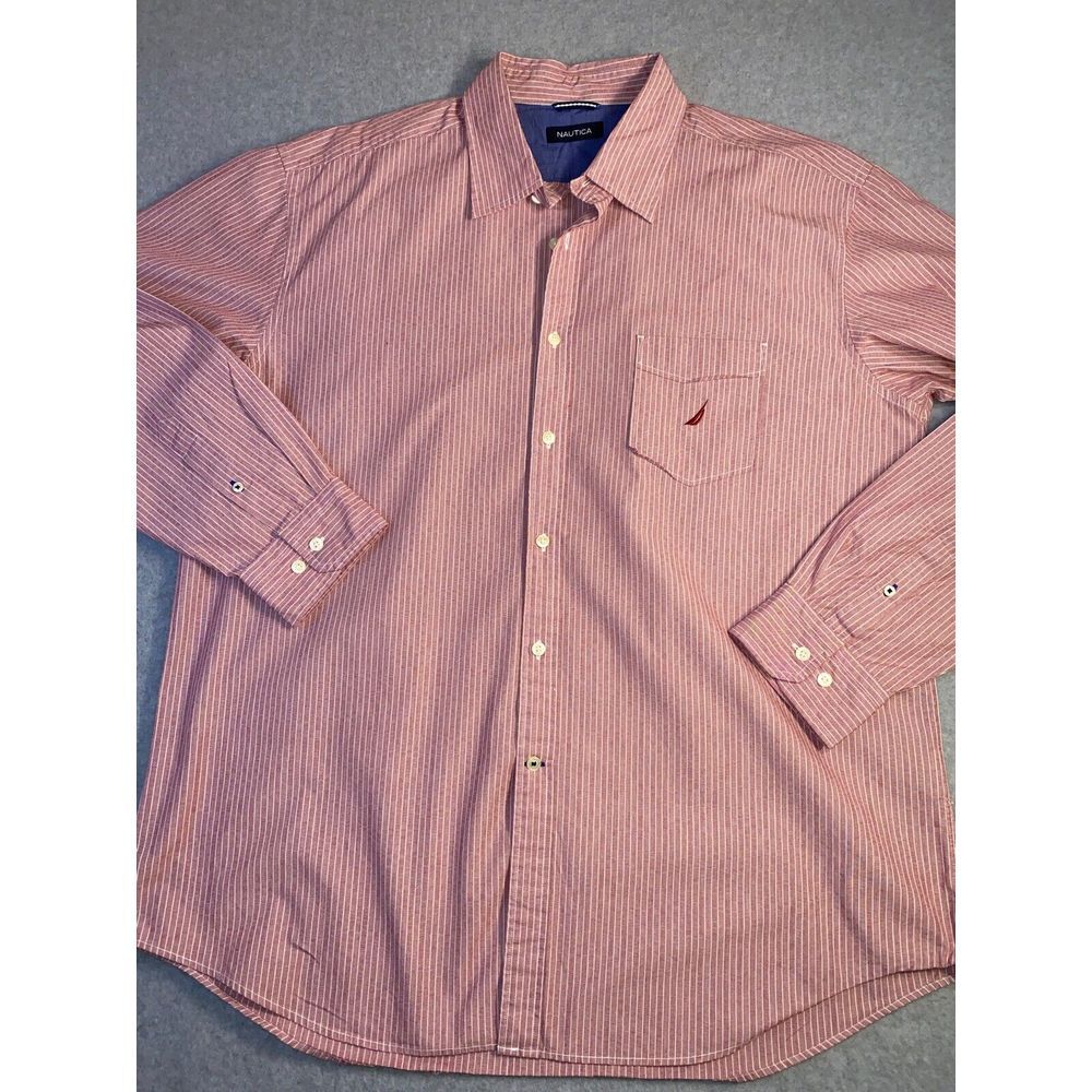 Náutica Red Color Stripped 100% Cotton Button‎ Down Dress Shirt Mens Size XLarge